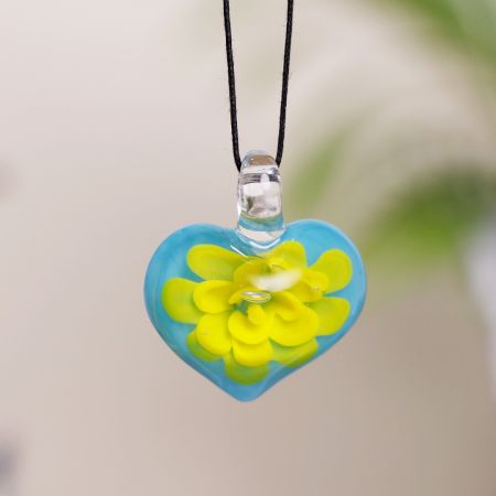 Lampwork Yellow Flower Engraved Glass Pendant for Necklace - 1 Piece